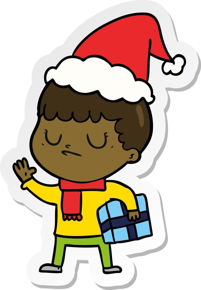 sticker cartoon of a grumpy boy wearing santa hat vector