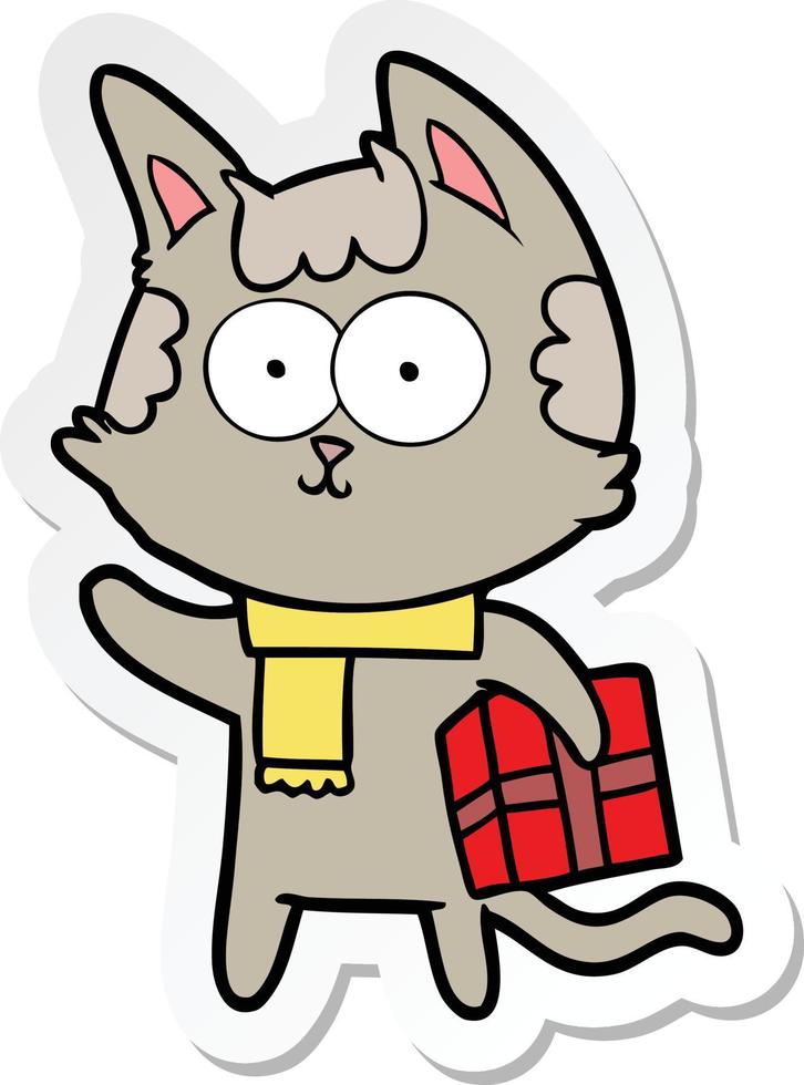 sticker of a happy cartoon cat with christmas present vector