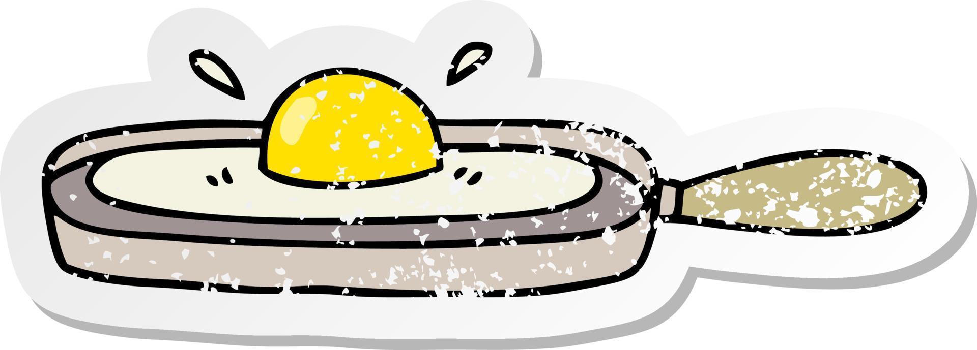 distressed sticker of a quirky hand drawn cartoon fried egg in frying pan vector