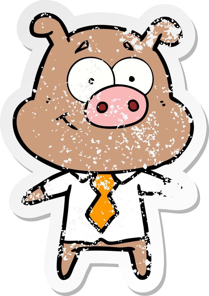 distressed sticker of a happy cartoon pig boss vector