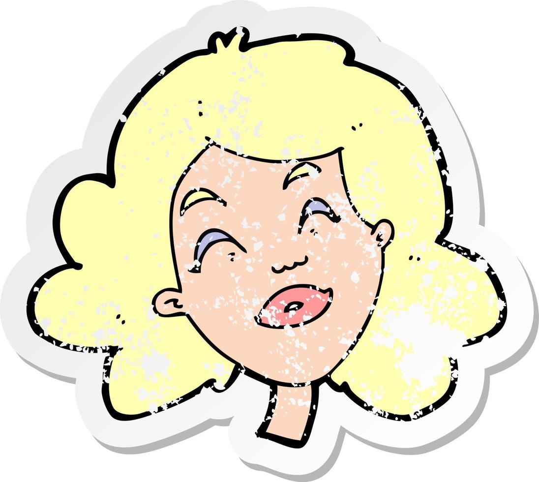 retro distressed sticker of a cartoon happy female face vector