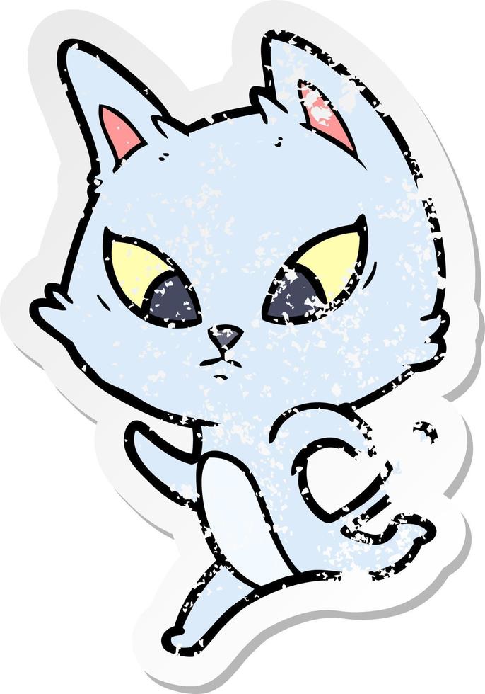 distressed sticker of a confused cartoon cat vector