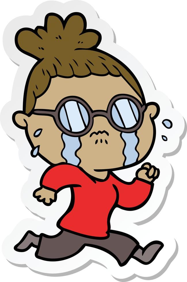 sticker of a cartoon crying woman wearing spectacles vector