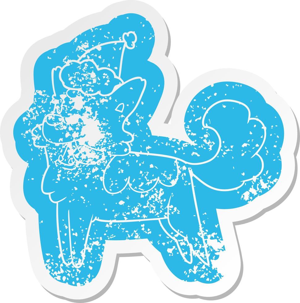 cartoon distressed sticker of a happy dog wearing santa hat vector