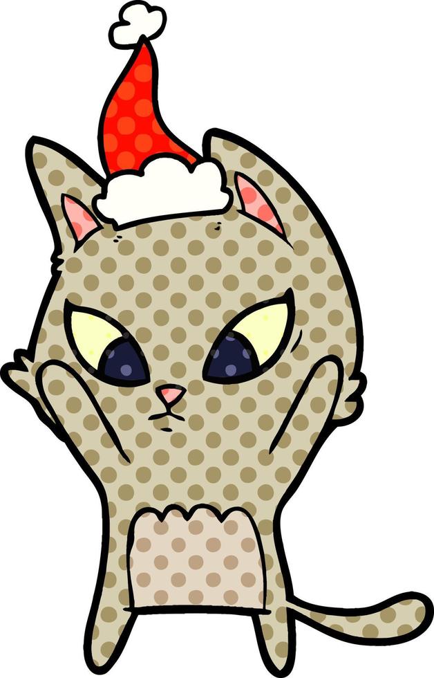 confused comic book style illustration of a cat wearing santa hat vector