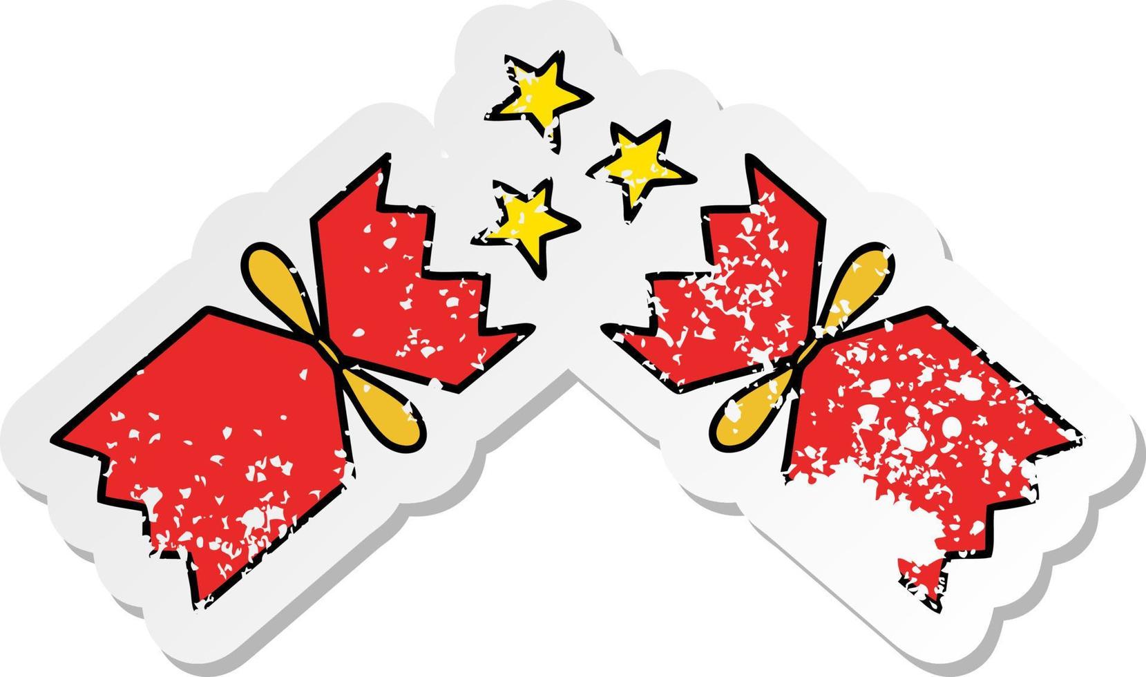 distressed sticker of a cute cartoon christmas cracker vector