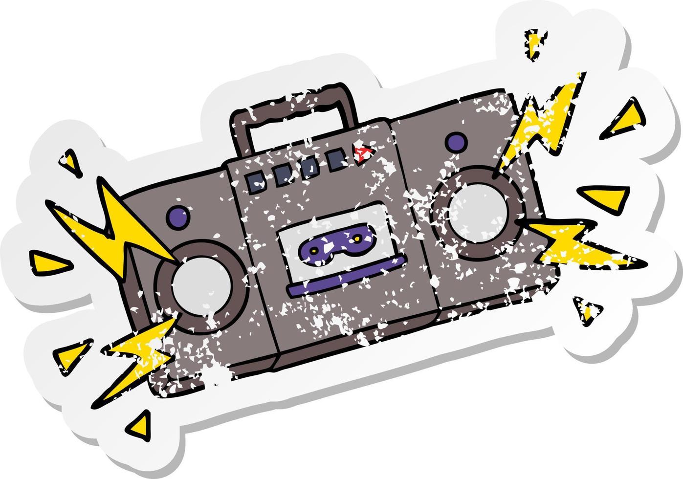 distressed sticker of a retro cartoon tape cassette player blasting out old rock tunes vector