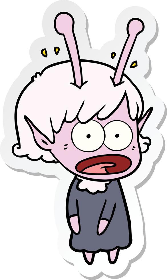 sticker of a cartoon shocked alien girl vector