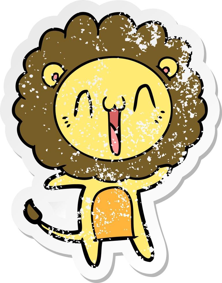 distressed sticker of a happy cartoon lion vector