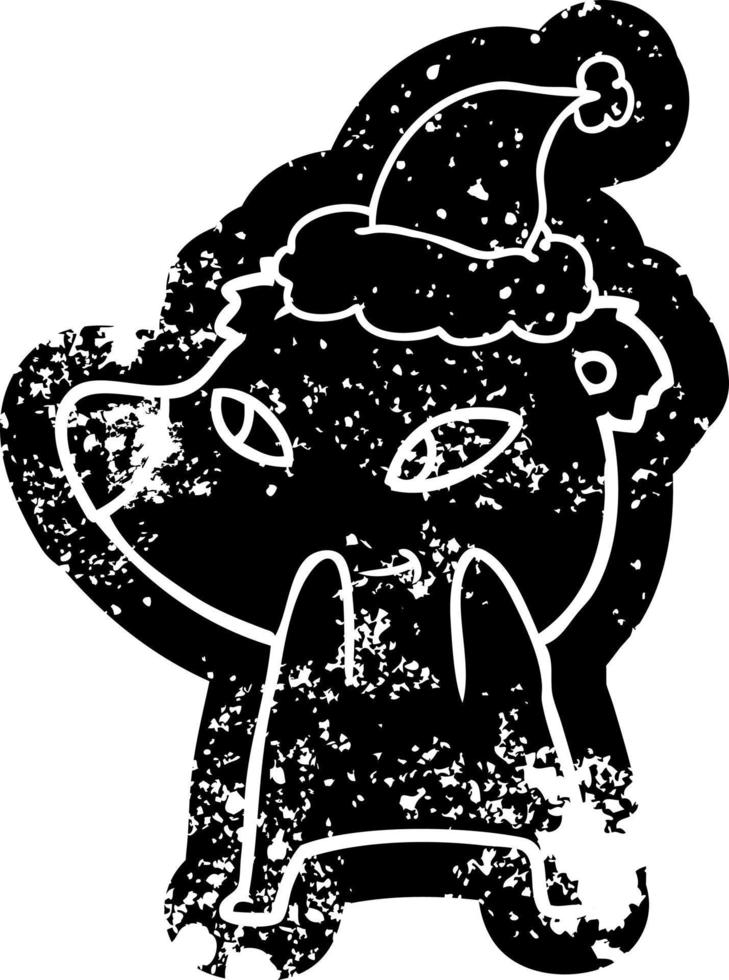 cute cartoon distressed icon of a bear wearing santa hat vector