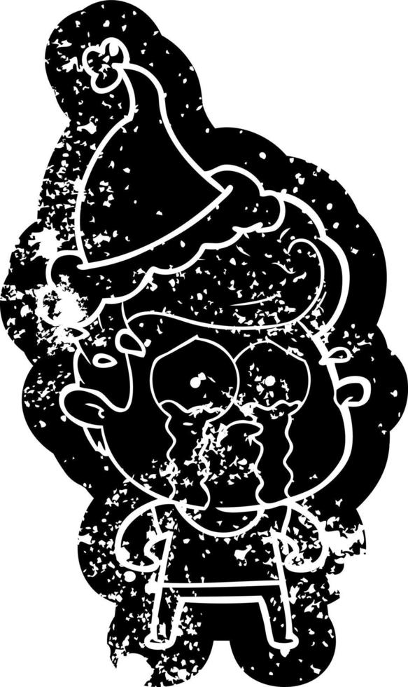 cartoon distressed icon of a crying man wearing santa hat vector