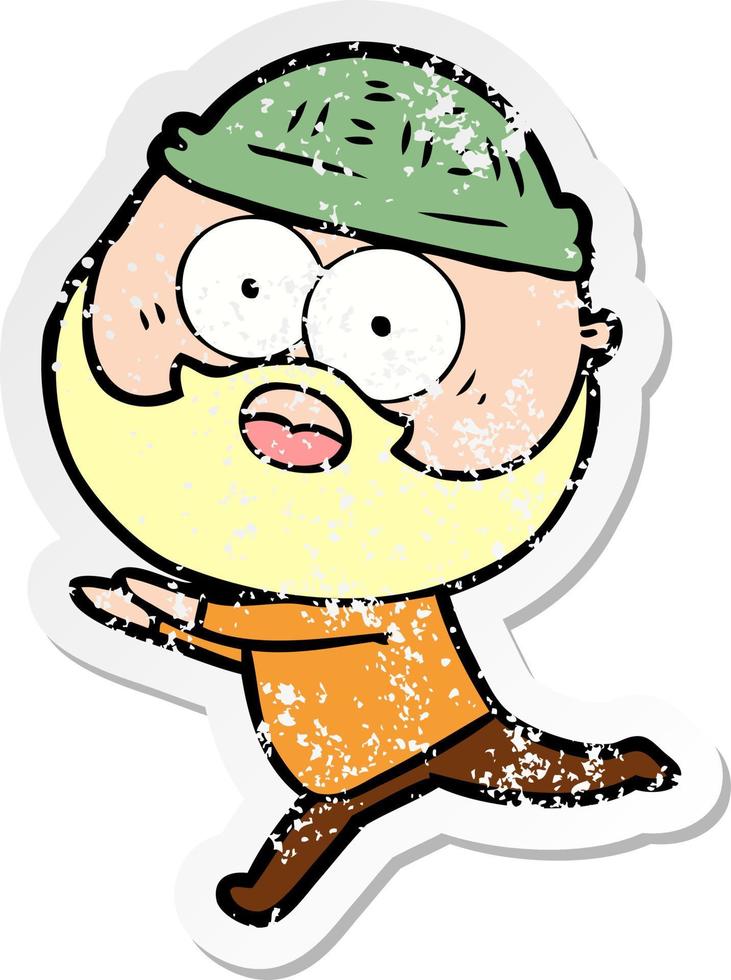 distressed sticker of a cartoon bearded man running away vector