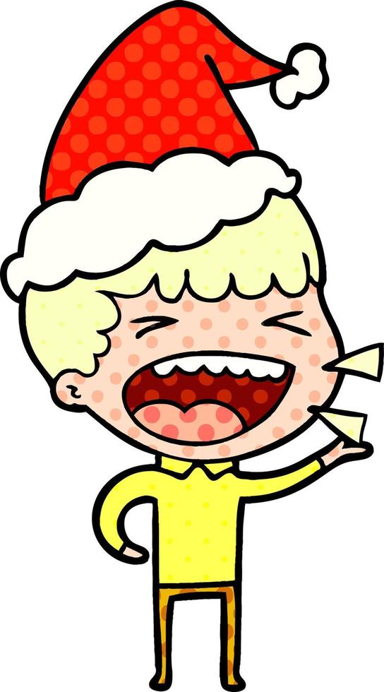 comic book style illustration of a laughing man wearing santa hat vector