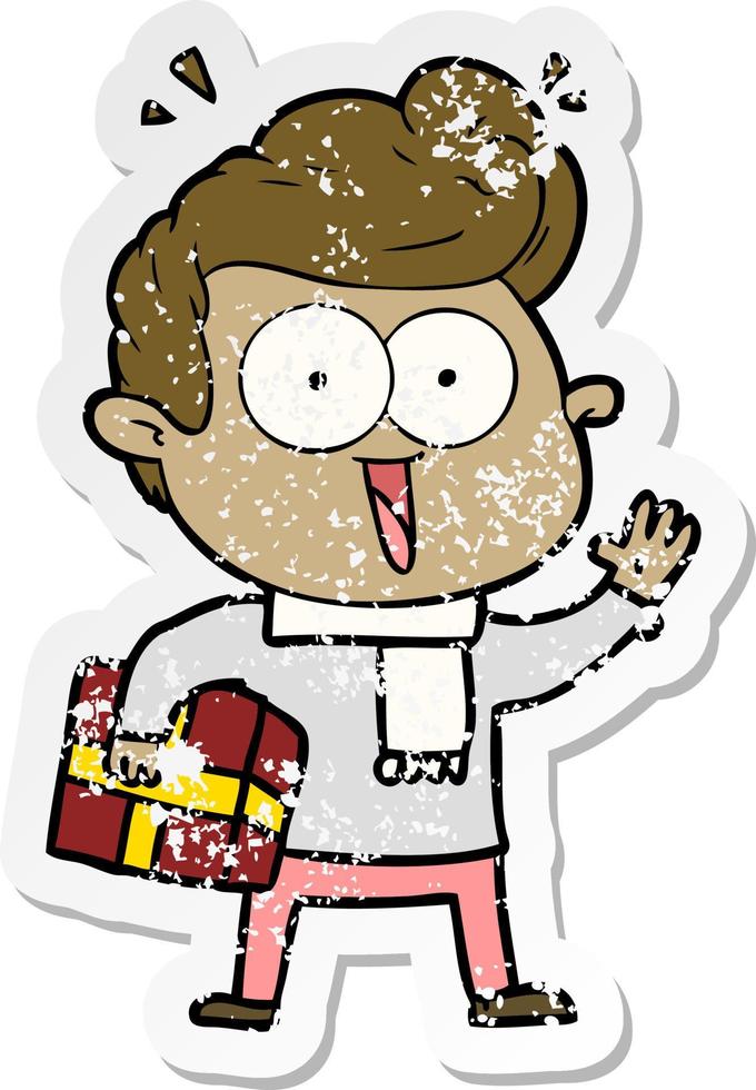 distressed sticker of a cartoon excited man with present vector