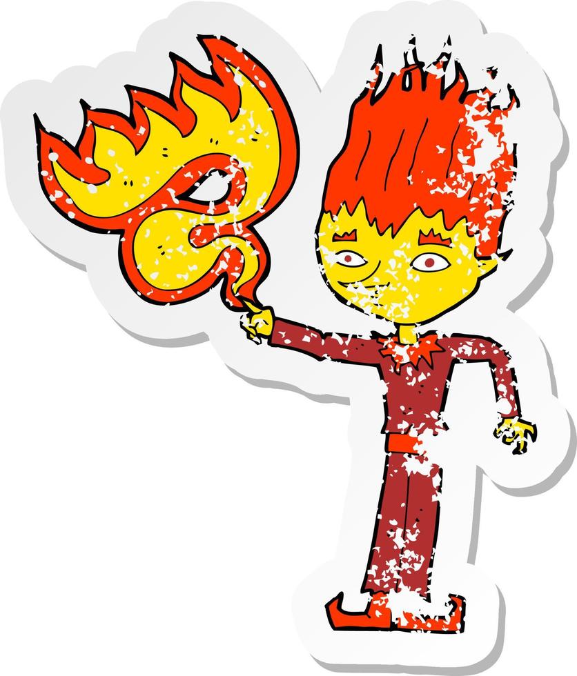 retro distressed sticker of a fire spirit cartoon vector