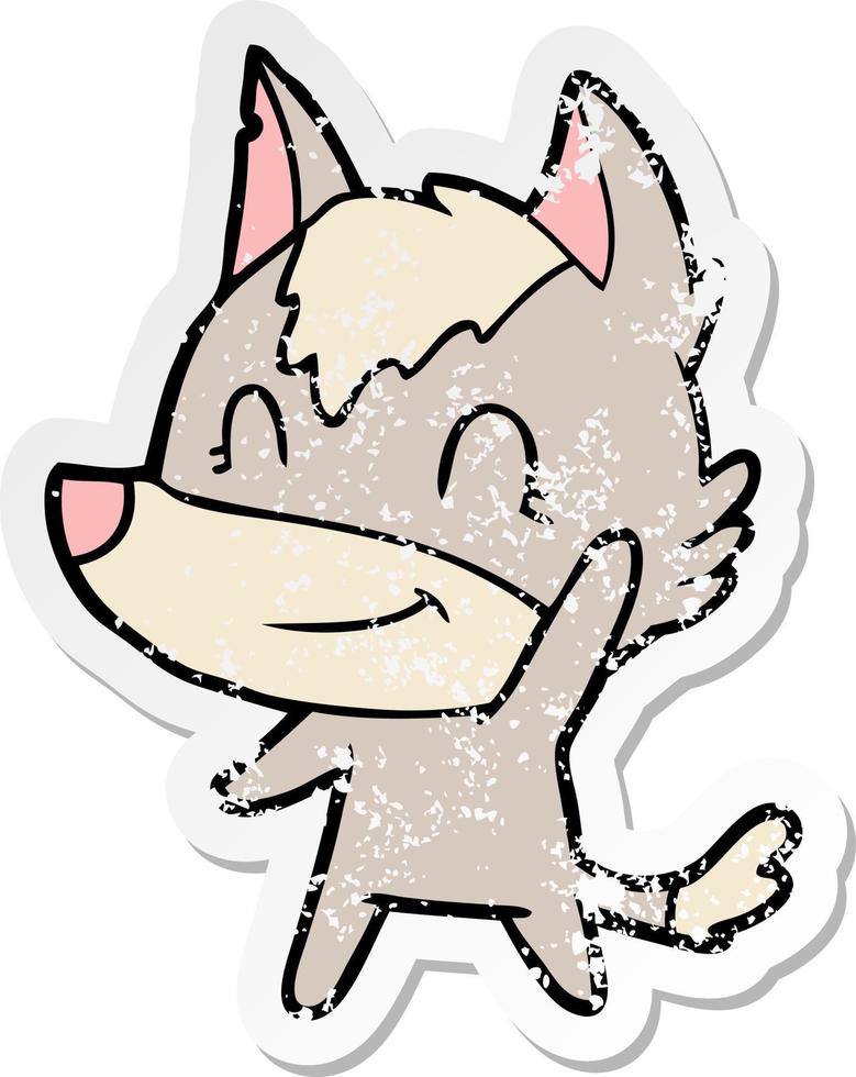 distressed sticker of a friendly cartoon wolf vector