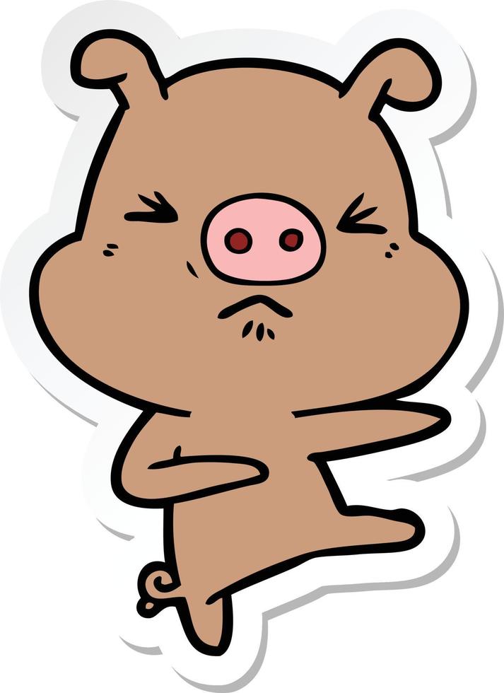 sticker of a cartoon angry pig kicking out vector
