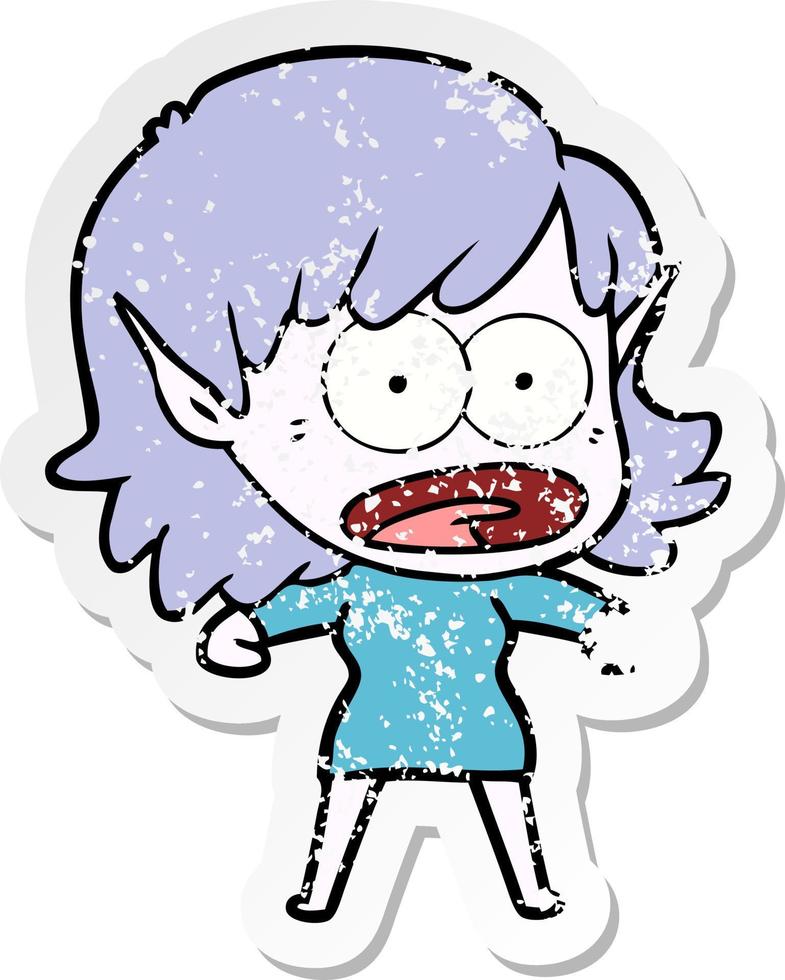 distressed sticker of a cartoon shocked elf girl vector