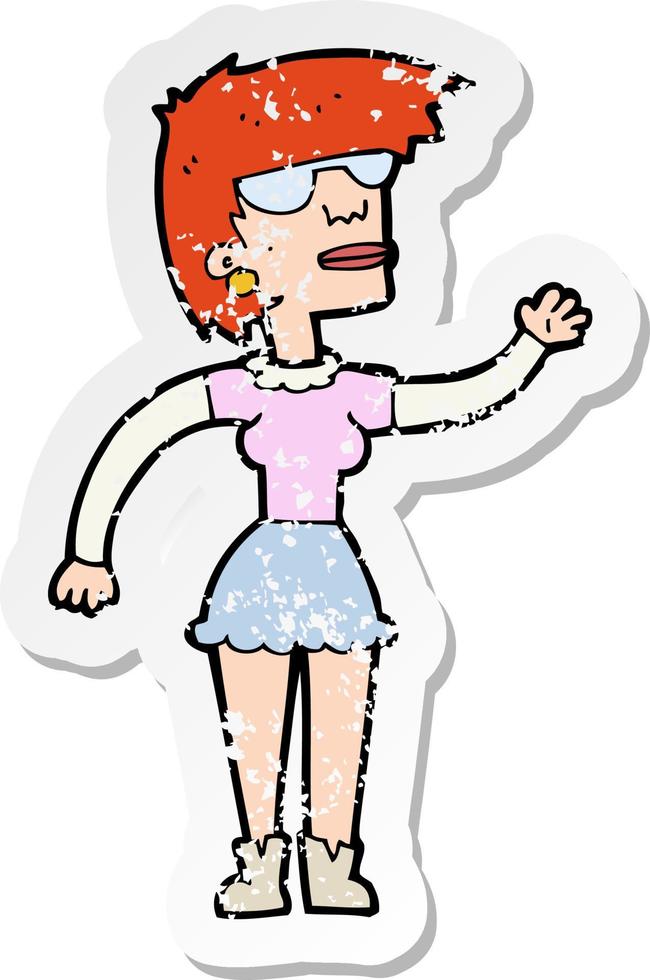 pegatina retro angustiada de una mujer de dibujos animados con gafas ondeando vector