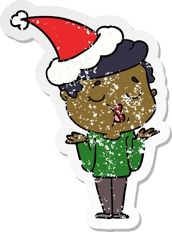 distressed sticker cartoon of a man talking and shrugging shoulders wearing santa hat vector
