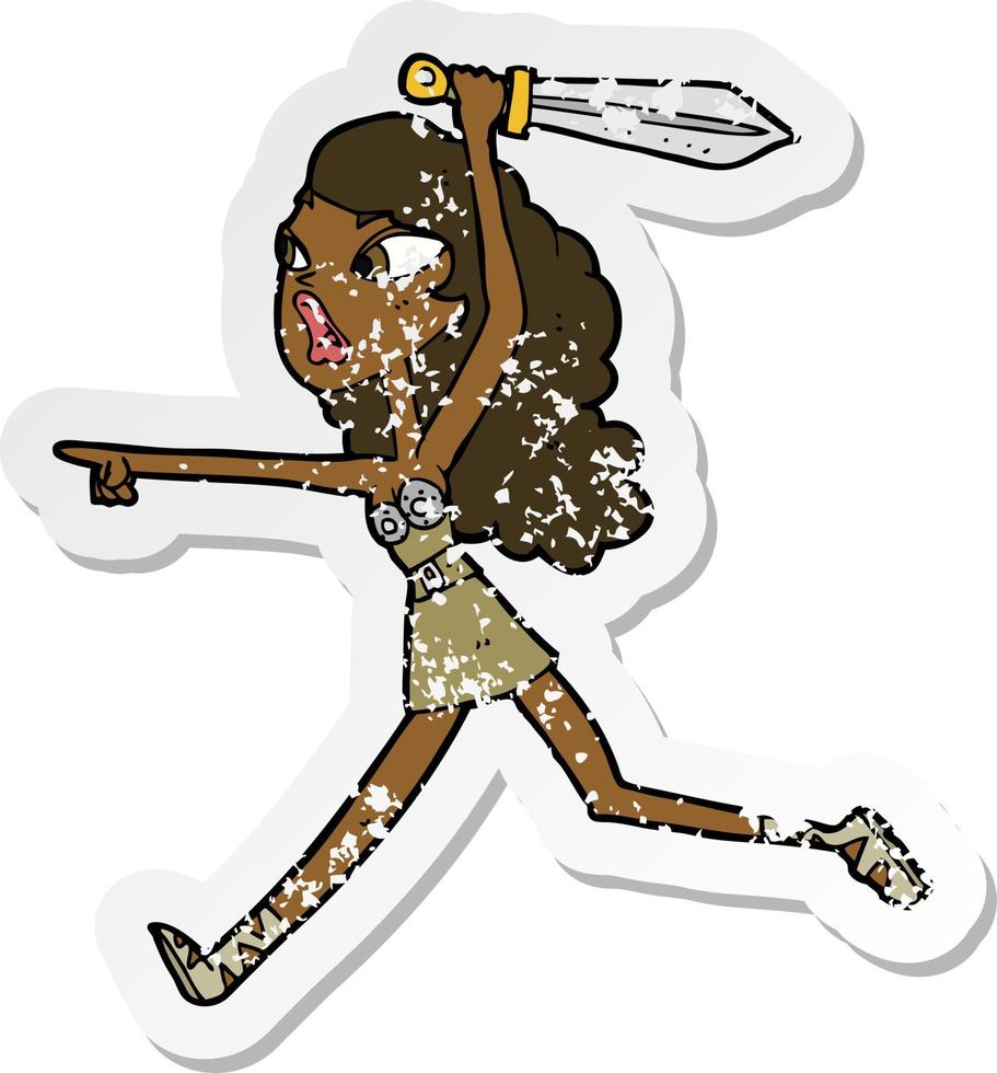 retro distressed sticker of a cartoon girl with sword vector