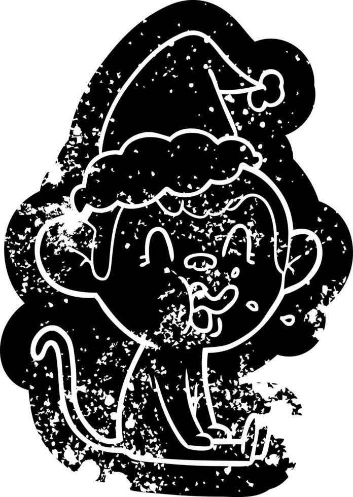 crazy cartoon distressed icon of a monkey sitting wearing santa hat vector