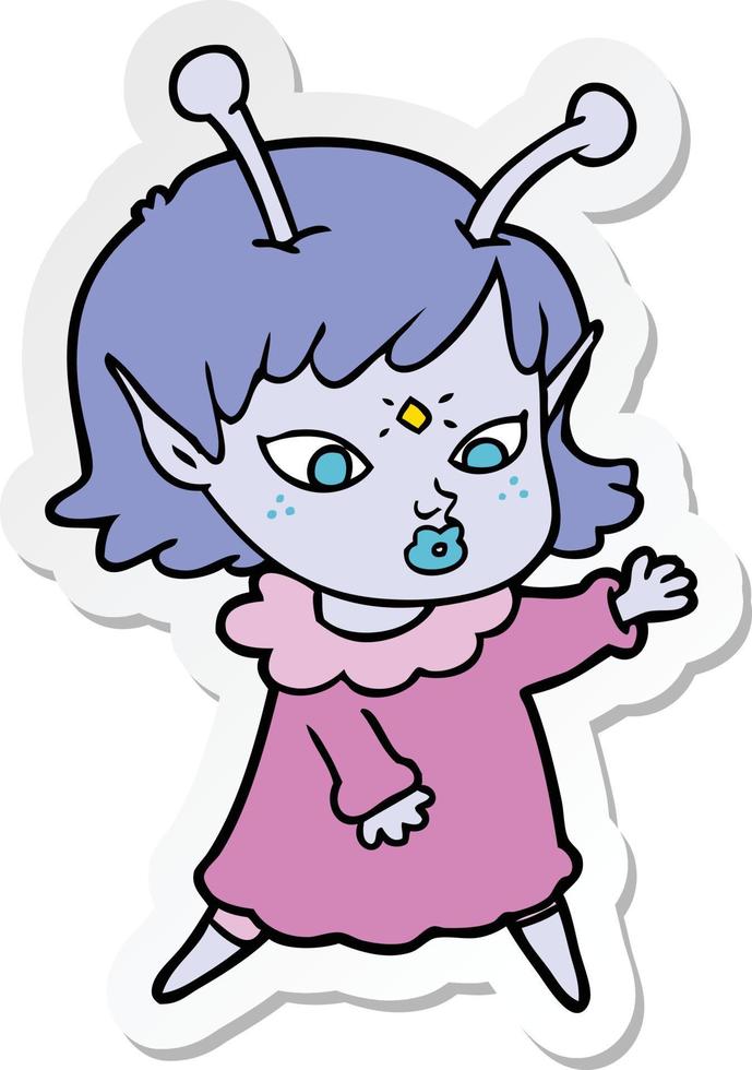 sticker of a pretty cartoon alien girl vector