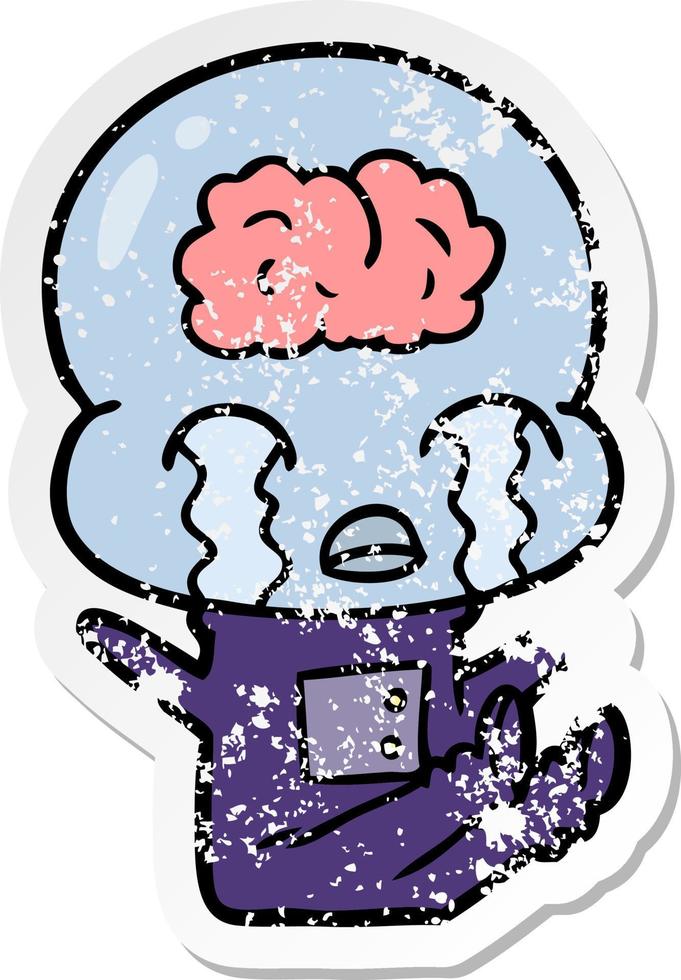 distressed sticker of a cartoon big brain alien crying vector
