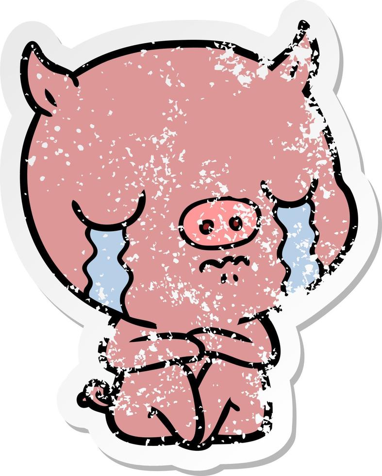 distressed sticker of a cartoon sitting pig crying vector