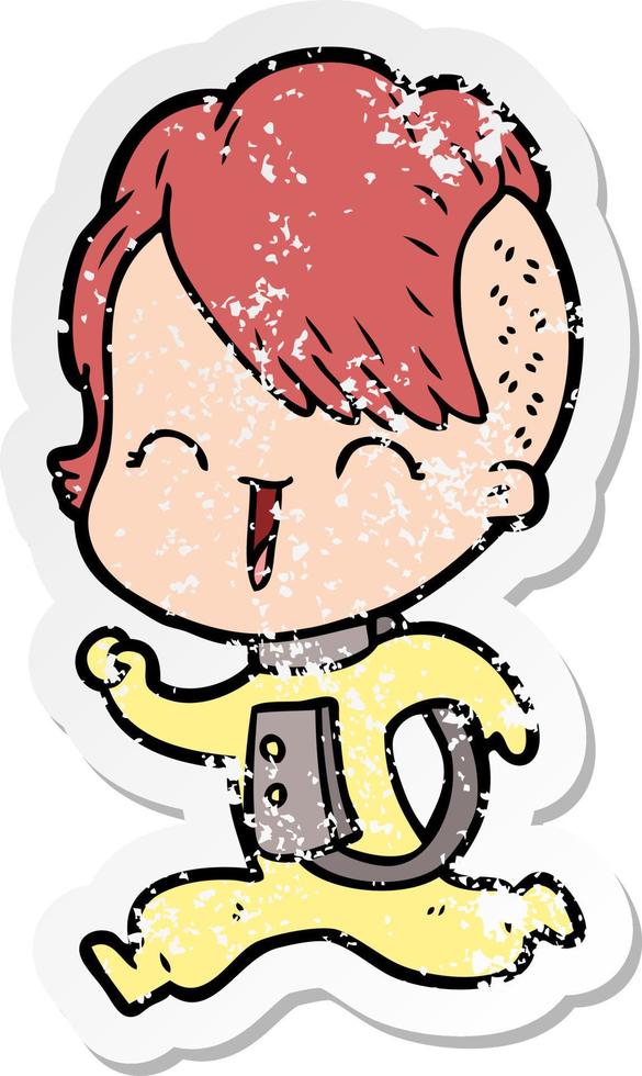 distressed sticker of a cartoon happy hipster girl wearing space suit vector