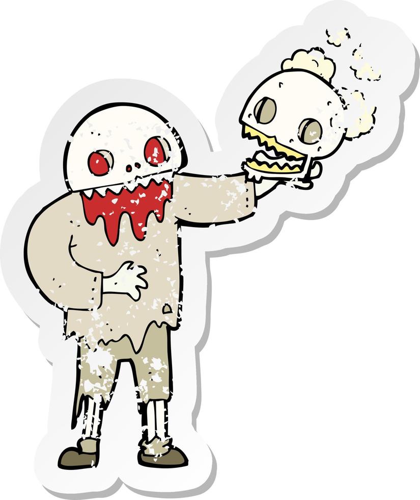 retro distressed sticker of a cartoon zombie holding a skull vector