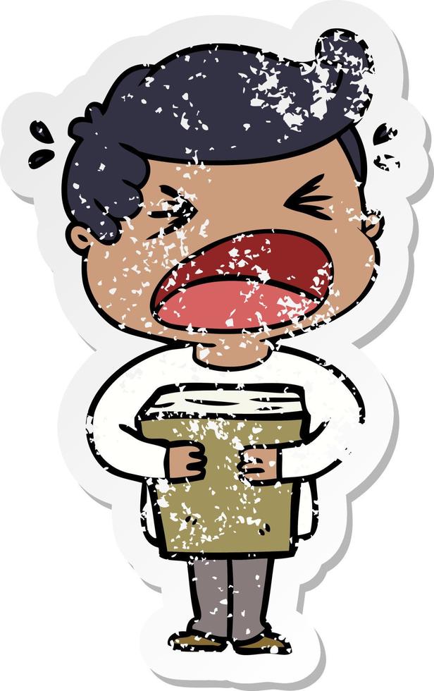 distressed sticker of a cartoon shouting man with book vector