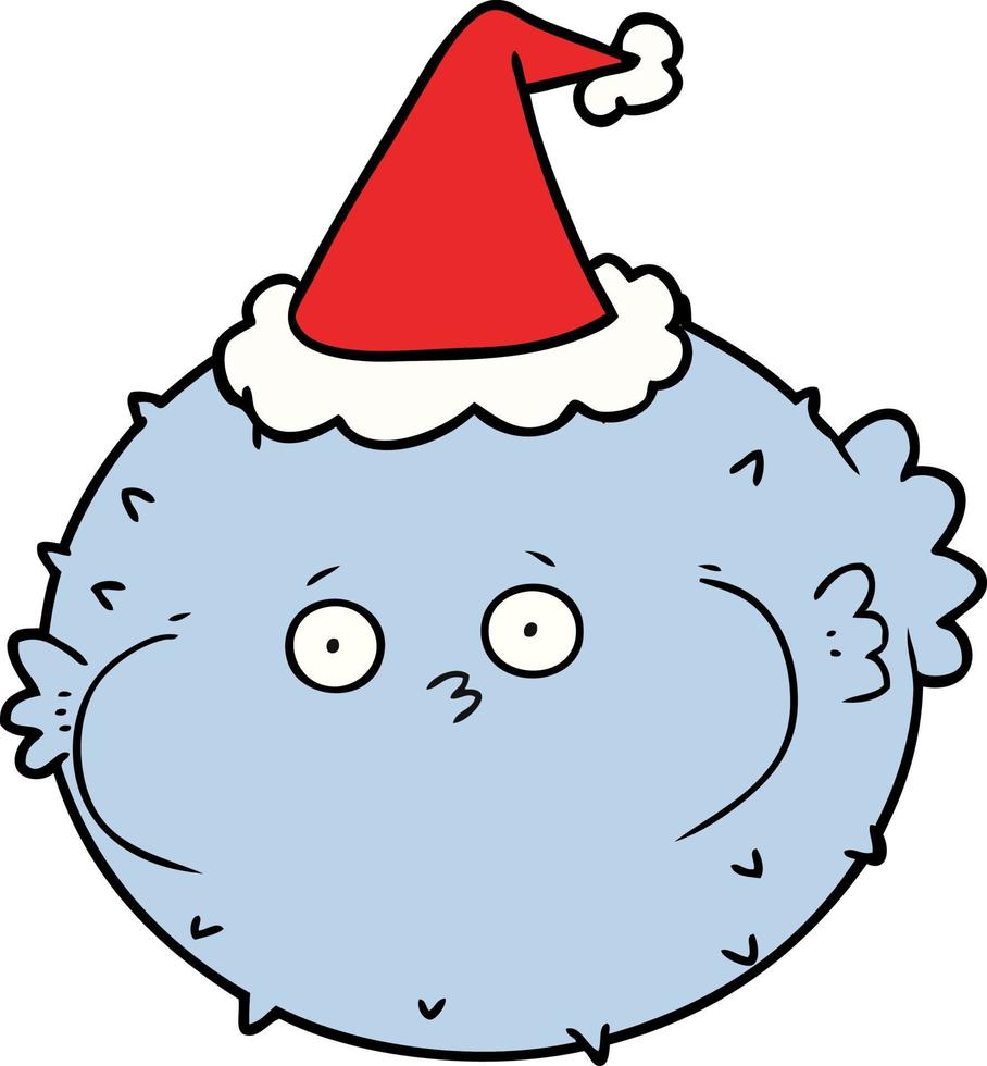 line drawing of a puffer fish wearing santa hat vector