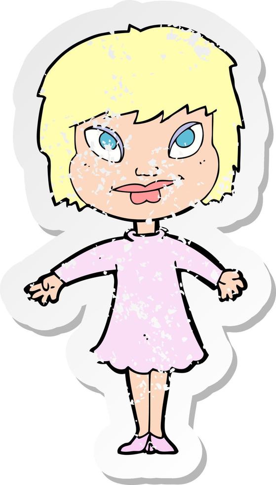 retro distressed sticker of a cartoon girl shrugging shoulders vector