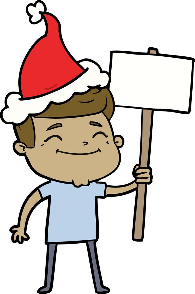 happy line drawing of a man with placard wearing santa hat vector