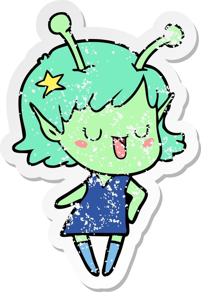 distressed sticker of a happy alien girl cartoon laughing vector