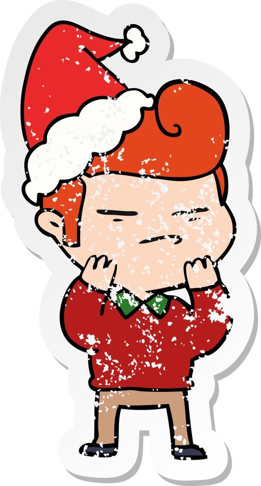 distressed sticker cartoon of a cool guy with fashion hair cut wearing santa hat vector