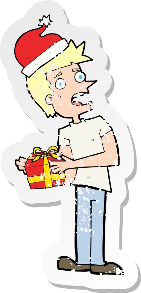 retro distressed sticker of a cartoon man with present vector