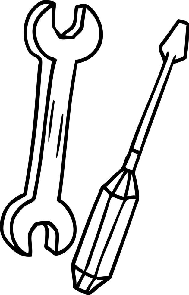 line drawing doodle of a spanner and a screwdriver vector