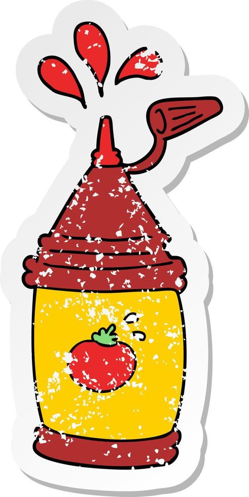 distressed sticker of a cartoon ketchup bottle vector