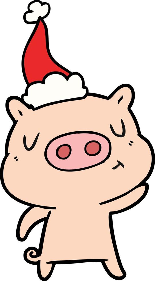 line drawing of a content pig wearing santa hat vector