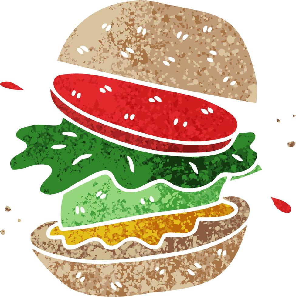 peculiar, retro, ilustración, estilo, caricatura, hamburguesa vegetariana vector