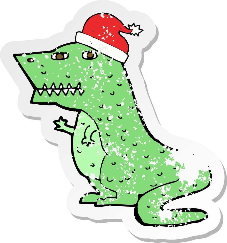 retro distressed sticker of a cartoon dinosaur in christmas hat vector