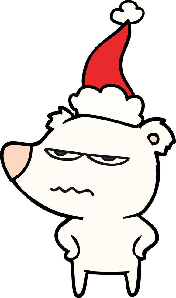 angry bear polar line drawing of a wearing santa hat vector