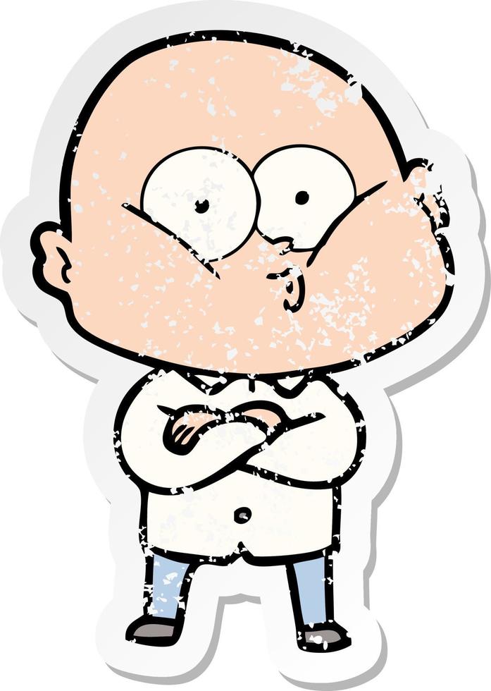 distressed sticker of a cartoon bald man staring vector