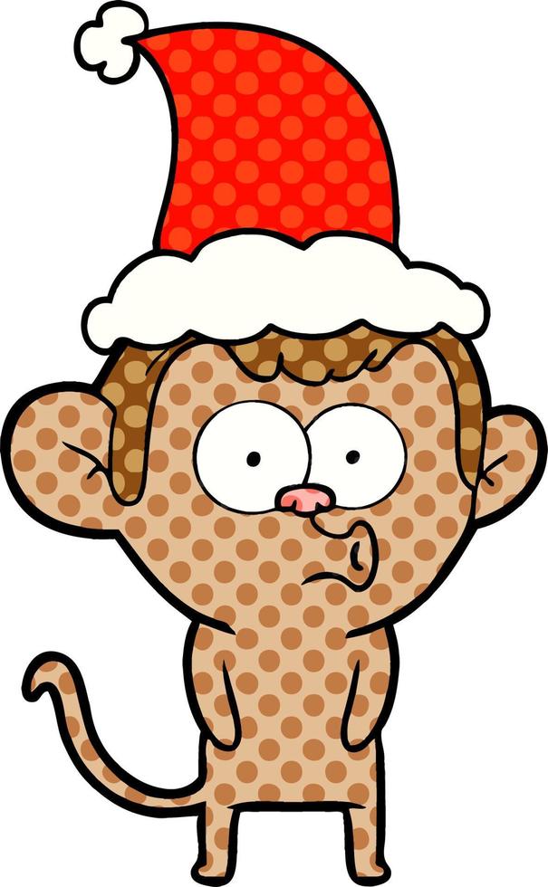 comic book style illustration of a hooting monkey wearing santa hat vector