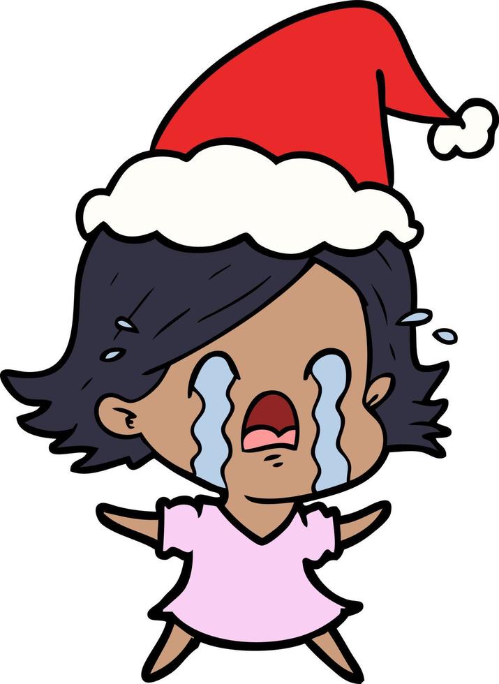 line drawing of a woman crying wearing santa hat vector