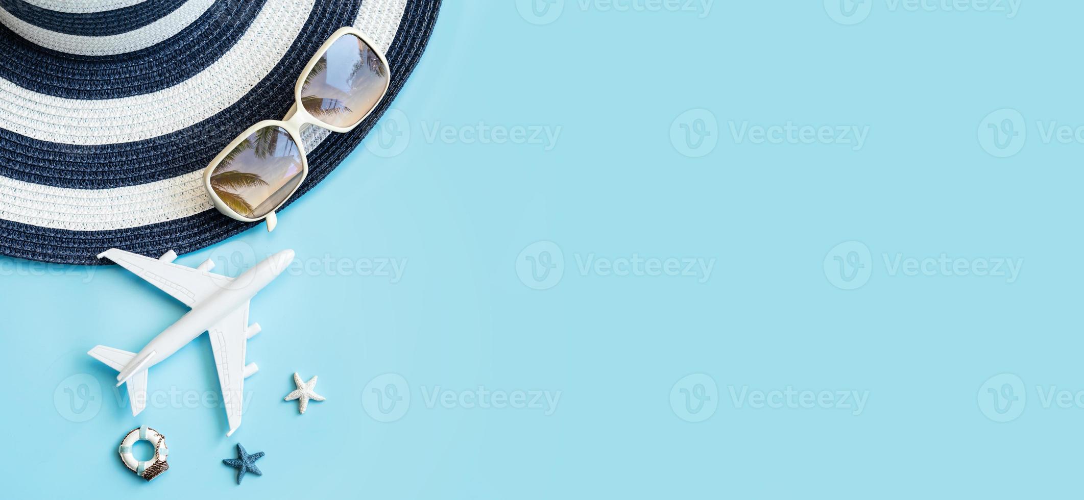 Travel accessories items on color background with copy space, Summer vacation concept photo