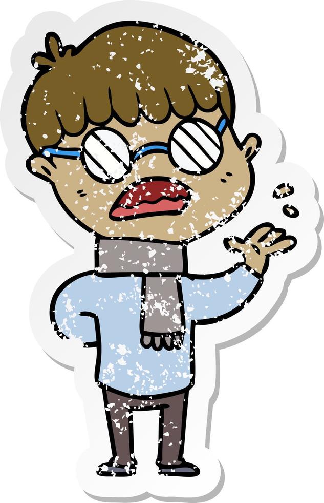 distressed sticker of a cartoon boy wearing spectacles vector