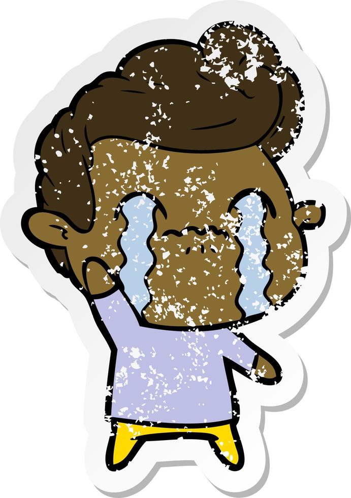 distressed sticker of a cartoon man crying vector